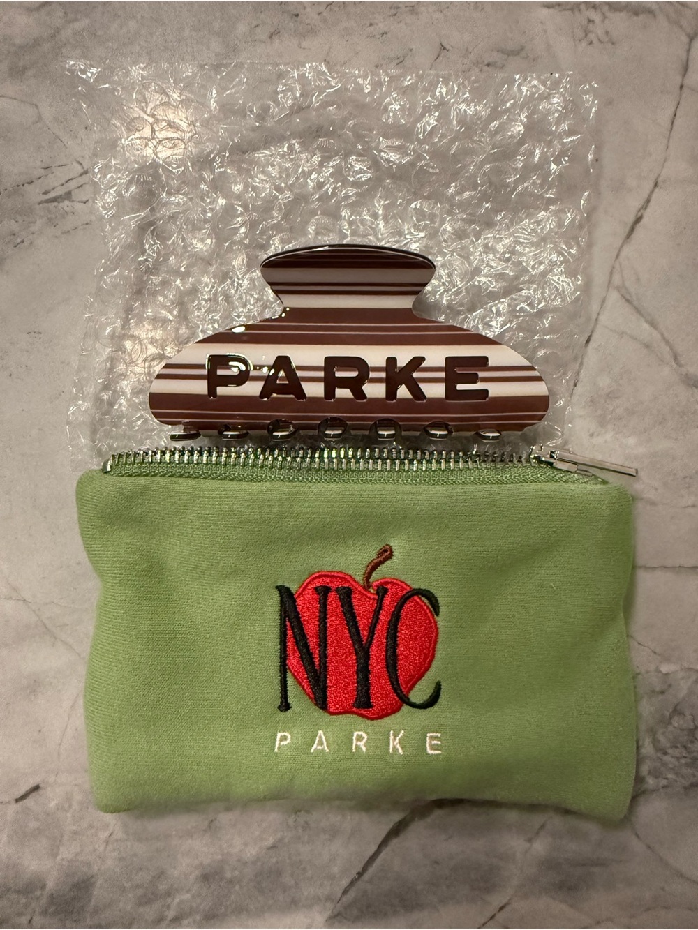 PARKE Green Hair Claw with Green Zip Pouch and Red NYC Embroidery